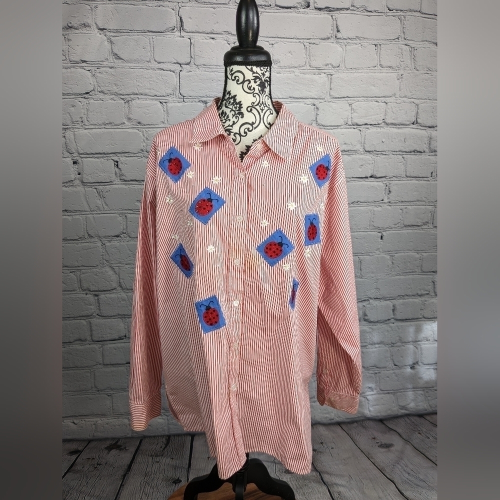 Quacker Factory women's long sleeve striped print lady bug plus sz 2x shirt b20